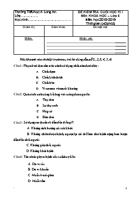 Đề kiểm tra cuối học kì 1 môn Khoa Học Lớp 5 - Năm học 2018-2019 (Có đáp án)